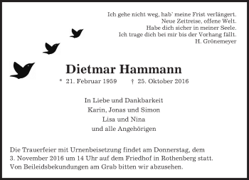 Traueranzeige von Dietmar Hammann von Trauerportal Echo Online