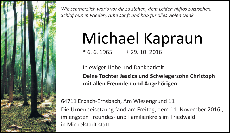  Traueranzeige für Michael Kapraun vom 12.11.2016 aus Trauerportal Echo Online