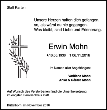 Traueranzeige von Erwin Mohn von Trauerportal Echo Online