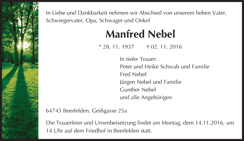  Traueranzeige für Manfred Nebel vom 10.11.2016 aus Trauerportal Echo Online