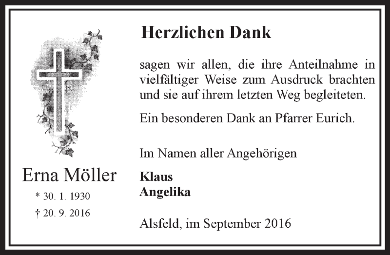  Traueranzeige für Erna Möller vom 12.11.2016 aus VRM Trauer