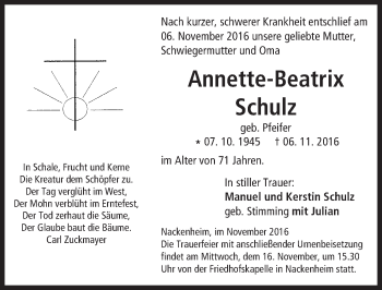 Traueranzeige von Annette-Beatrix Schulz von Trauerportal Rhein Main Presse