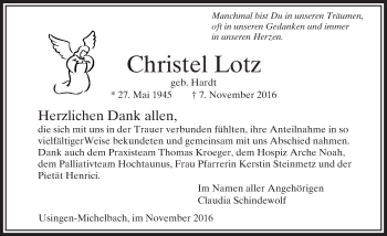 Traueranzeige von Christel Lotz von  Usinger Anzeiger