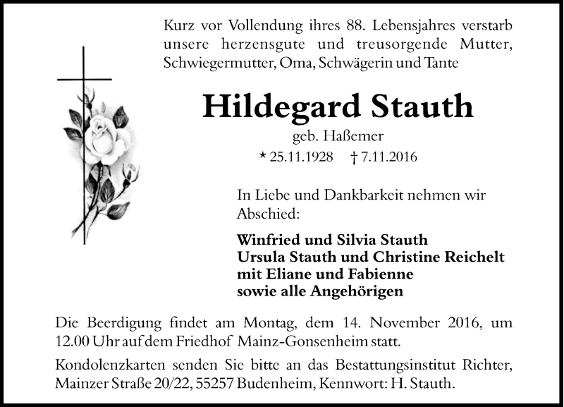  Traueranzeige für Hildegard Stauth vom 10.11.2016 aus Trauerportal Rhein Main Presse