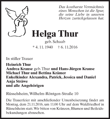 Traueranzeige von Helga Thur von Trauerportal Echo Online