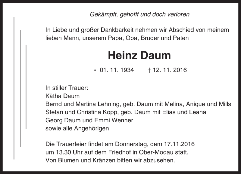  Traueranzeige für Heinz Daum vom 16.11.2016 aus Trauerportal Echo Online