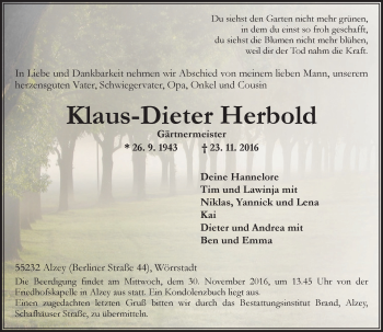 Traueranzeige von Klaus-Dieter Herbold von Trauerportal Rhein Main Presse