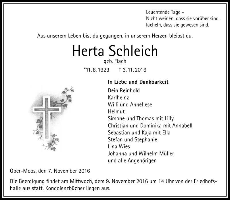 Traueranzeige für Herta Schleich vom 07.11.2016 aus VRM Trauer