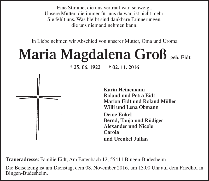 Traueranzeige für Maria Magdalena Groß vom 05.11.2016 aus Trauerportal Rhein Main Presse