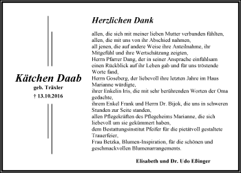 Traueranzeige von Kätchen Daab von Trauerportal Echo Online