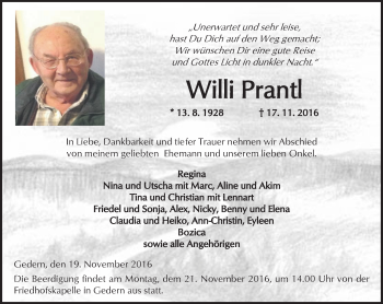 Traueranzeige von Willi Prantl von  Kreisanzeiger
