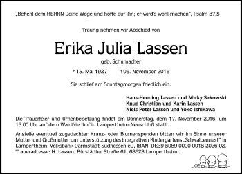 Traueranzeige von Erika Julia Lassen von Trauerportal Echo Online