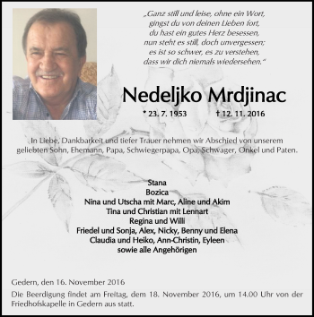 Traueranzeige von Nedeljko Mrdjinac von  Kreisanzeiger