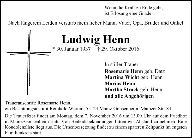  Traueranzeige für Ludwig Henn vom 04.11.2016 aus Trauerportal Rhein Main Presse