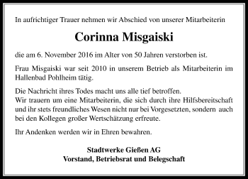 Traueranzeige von Corinna Misgaiski von  Gießener Anzeiger