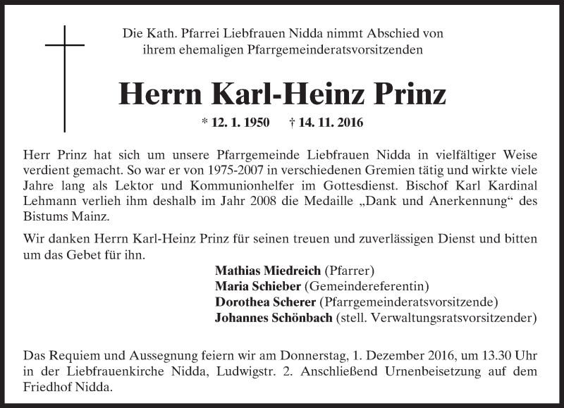  Traueranzeige für Karl-Heinz Prinz vom 26.11.2016 aus  Kreisanzeiger