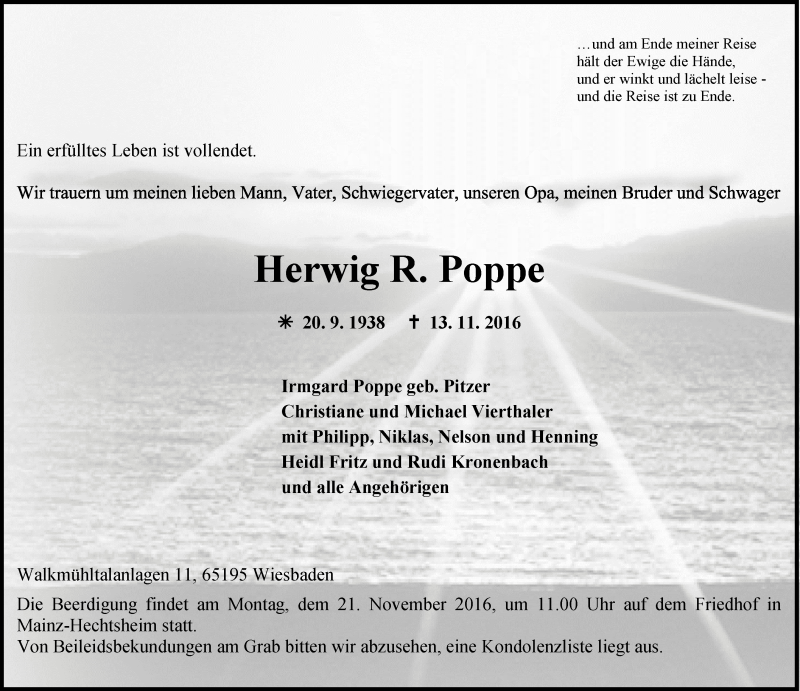  Traueranzeige für Herwig R. Poppe vom 19.11.2016 aus Trauerportal Rhein Main Presse