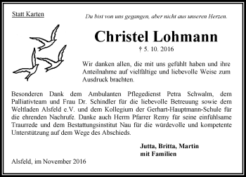 Traueranzeige von Christel Lohmann von VRM Trauer