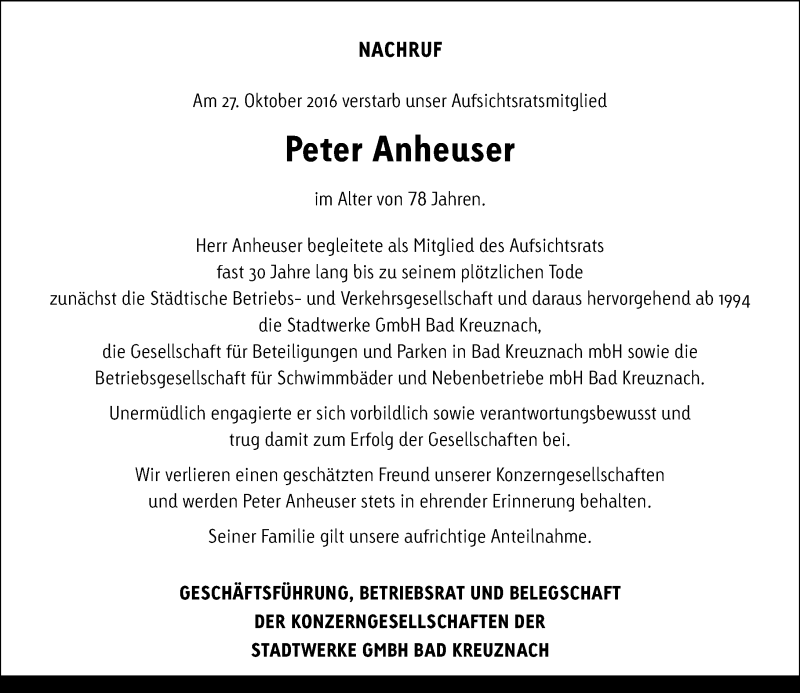  Traueranzeige für Peter Anheuser vom 05.11.2016 aus Trauerportal Rhein Main Presse