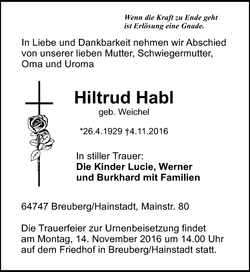  Traueranzeige für Hiltrud Habl vom 09.11.2016 aus Trauerportal Echo Online