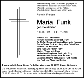 Traueranzeige von Maria Funk von Trauerportal Rhein Main Presse