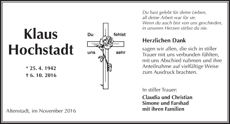  Traueranzeige für Klaus Hochstadt vom 12.11.2016 aus  Kreisanzeiger