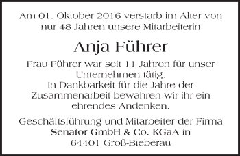 Traueranzeige von Anja Führer von Trauerportal Echo Online