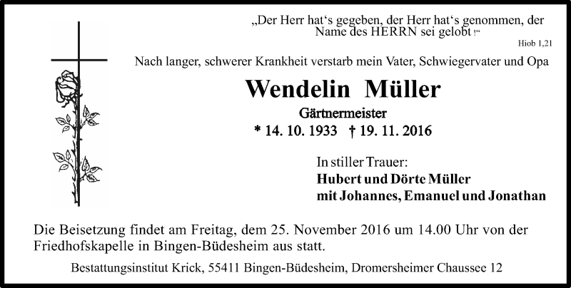  Traueranzeige für Wendelin Müller vom 22.11.2016 aus Trauerportal Rhein Main Presse