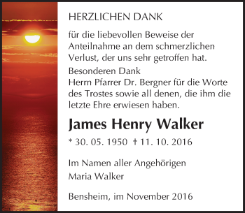 Traueranzeige von James Henry Walker von Trauerportal Echo Online