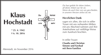 Traueranzeige von Klaus Hochstadt von  Kreisanzeiger