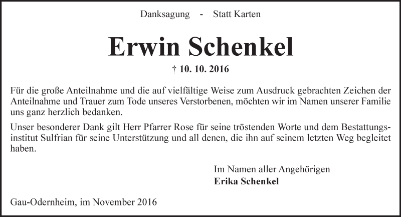  Traueranzeige für Erwin Schenkel vom 19.11.2016 aus Trauerportal Rhein Main Presse