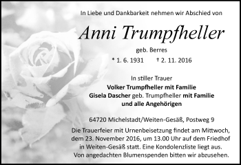 Traueranzeige von Anni Trumpfheller von Trauerportal Echo Online
