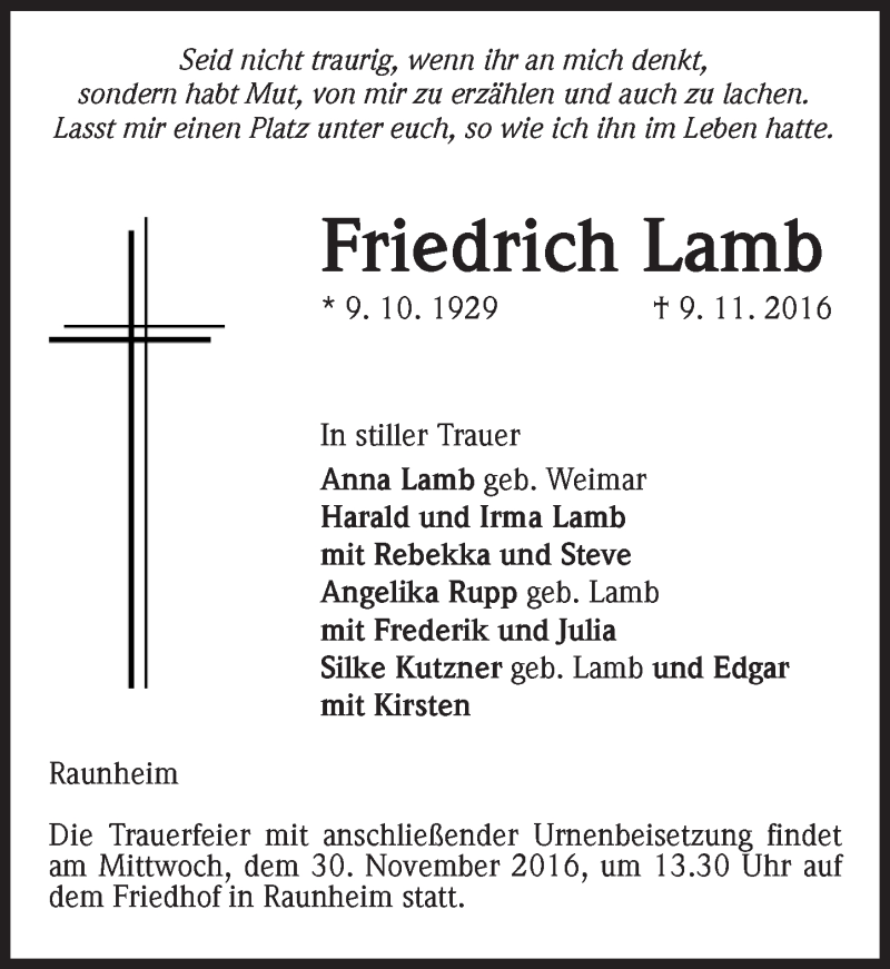  Traueranzeige für Friedrich Lamb vom 19.11.2016 aus Trauerportal Rhein Main Presse