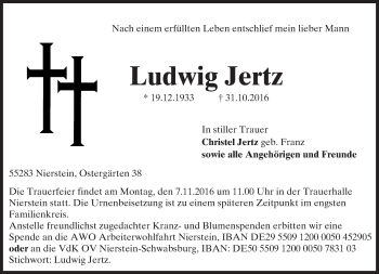 Traueranzeige von Ludwig Jertz von Trauerportal Rhein Main Presse