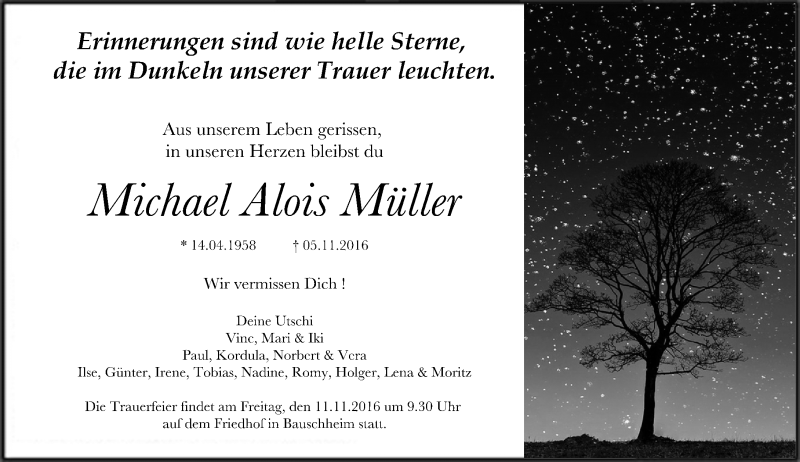  Traueranzeige für Michael Alios Müller vom 10.11.2016 aus Trauerportal Rhein Main Presse