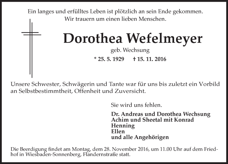  Traueranzeige für Dorothea Wefelmeyer vom 23.11.2016 aus Trauerportal Rhein Main Presse