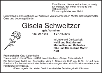 Traueranzeige von Gisela Schweitzer von Trauerportal Rhein Main Presse