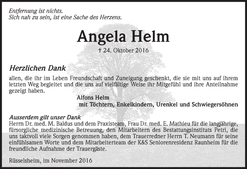  Traueranzeige für Angela Helm vom 12.11.2016 aus Trauerportal Rhein Main Presse
