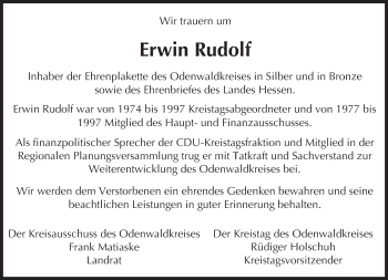 Traueranzeige von Erwin Rudolf von Trauerportal Echo Online