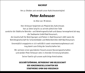 Traueranzeige von Peter Anheuser von Trauerportal Rhein Main Presse