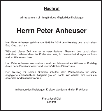 Traueranzeige von Peter Anheuser von Trauerportal Rhein Main Presse