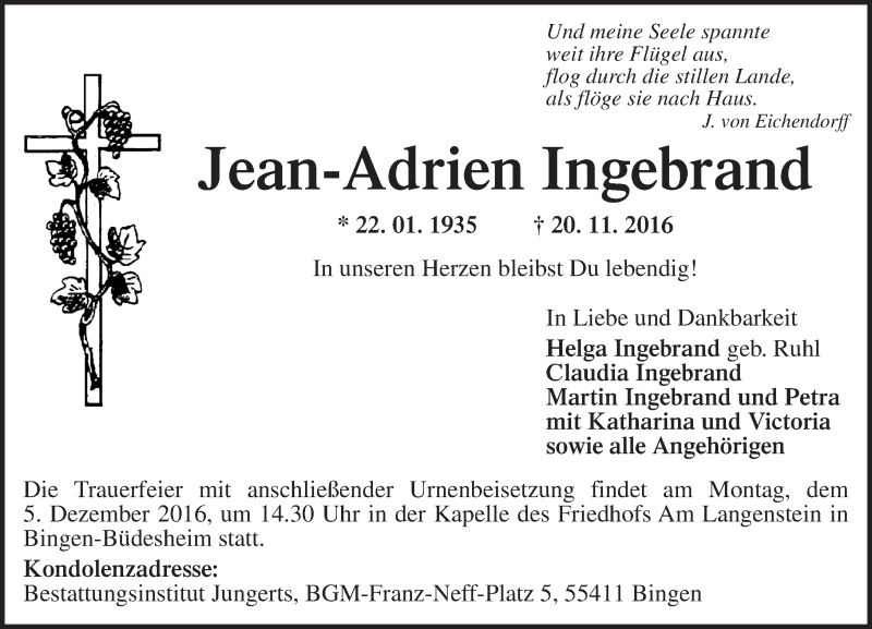  Traueranzeige für Jean-Adrien Ingebrand vom 29.11.2016 aus Trauerportal Rhein Main Presse