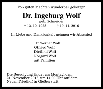 Traueranzeige von Ingeburg Wolf von  Gießener Anzeiger
