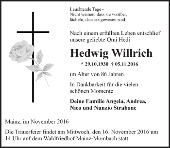 Traueranzeige von Hedwig Willrich von Trauerportal Rhein Main Presse