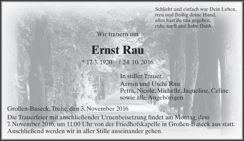  Traueranzeige für Ernst Rau vom 03.11.2016 aus  Gießener Anzeiger