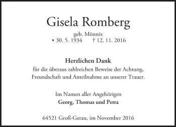 Traueranzeige von Gisela Romberg von Trauerportal Echo Online