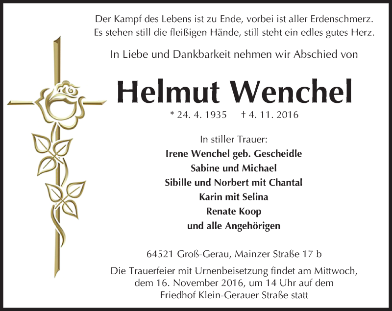  Traueranzeige für Helmut Wenchel vom 12.11.2016 aus Trauerportal Echo Online