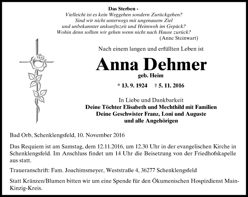  Traueranzeige für Anna Dehmer vom 10.11.2016 aus  Gelnhäuser Tageblatt