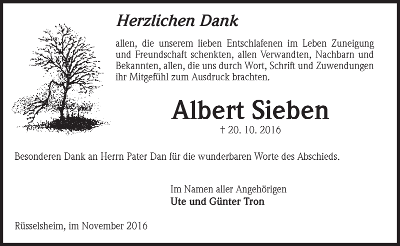  Traueranzeige für Albert Sieben vom 12.11.2016 aus Trauerportal Rhein Main Presse