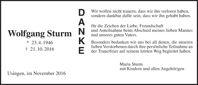  Traueranzeige für Wolfgang Sturm vom 12.11.2016 aus  Usinger Anzeiger